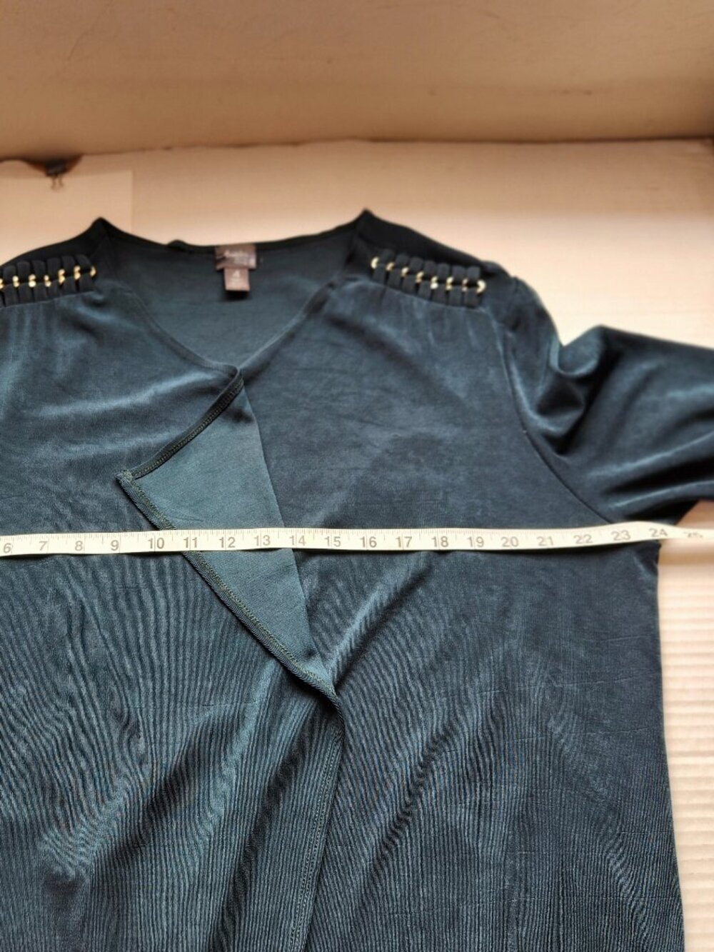 Chico's Travelers Size 4/XXL Green Water Fall Open Front Chain Accent Cardigan - Picture 12 of 15